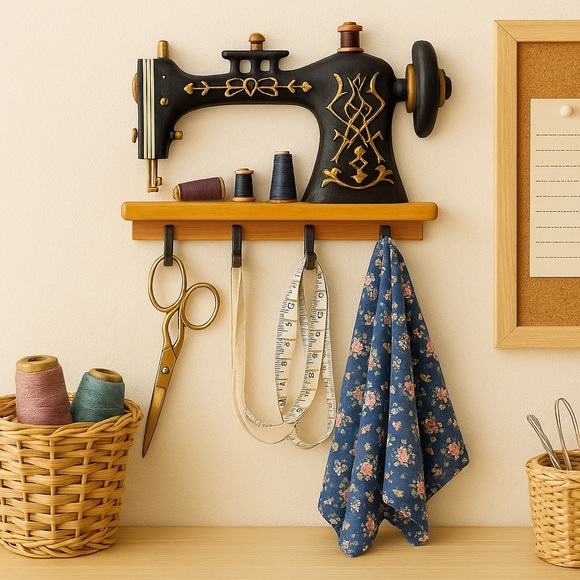 Vintage Sewing Machine Wall Hook Rack – Decorative Storage 13”x10”x2”
